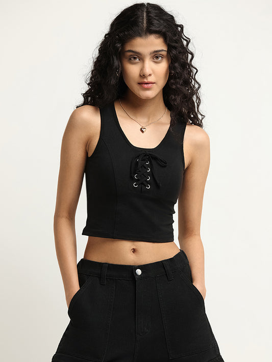 Nuon Black Lace-Up Crop Top