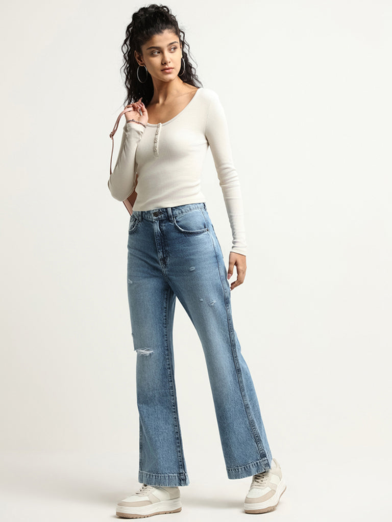 Nuon Off-White Ribbed Cotton-Blend Crop Top