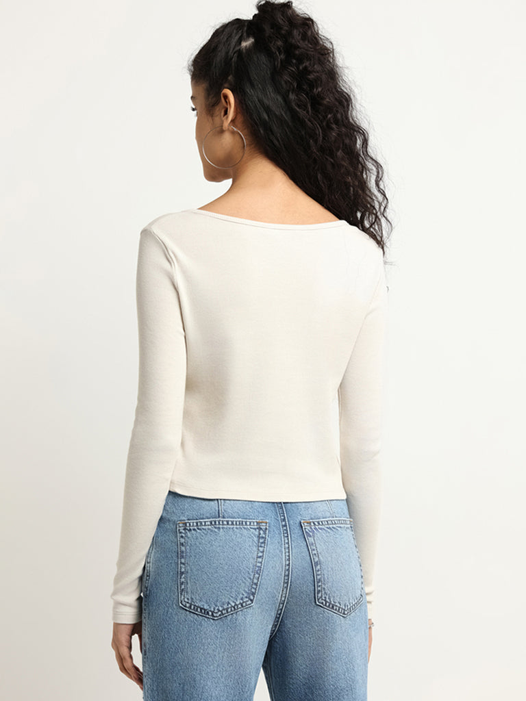 Nuon Off-White Ribbed Cotton-Blend Crop Top