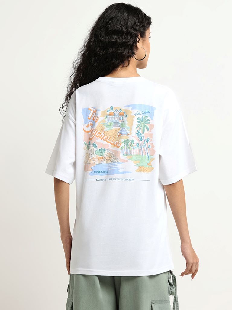 Nuon White Printed Oversized T-Shirt