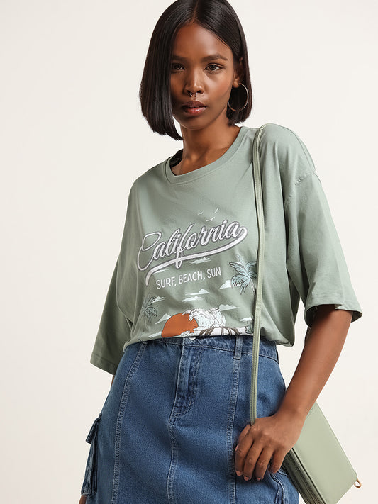Nuon Green Contrast Print Cotton Oversized T-Shirt