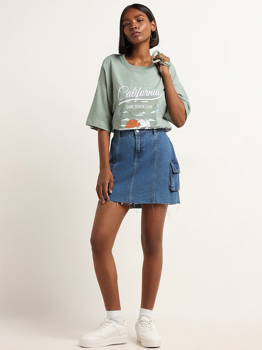 Nuon Green Contrast Print Cotton Oversized T-Shirt