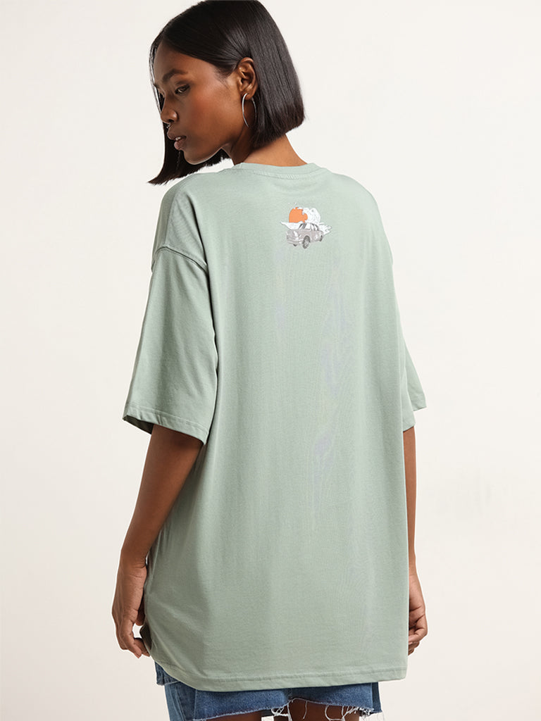 Nuon Green Contrast Print Cotton Oversized T-Shirt