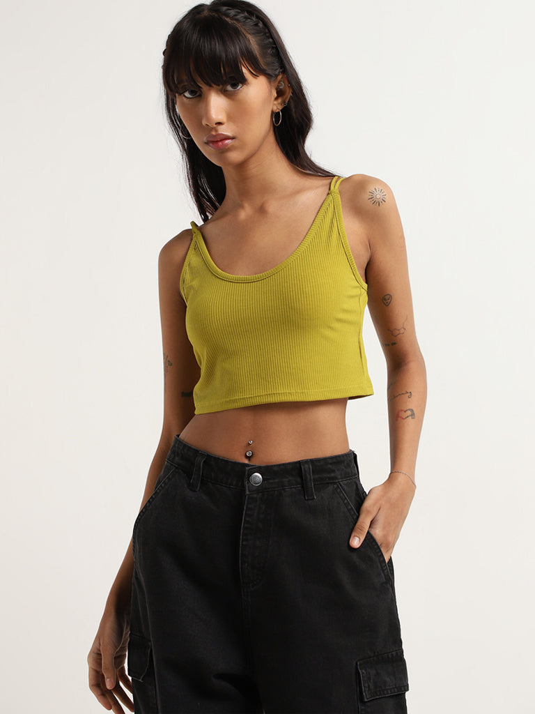 Nuon Green Ribbed Strappy Crop Top