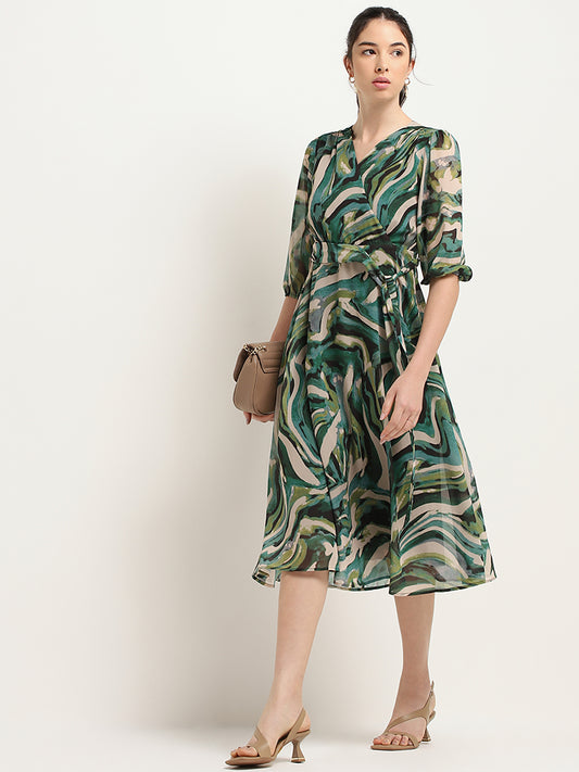 Wardrobe Green Abstract Print Midi Dress with Belt