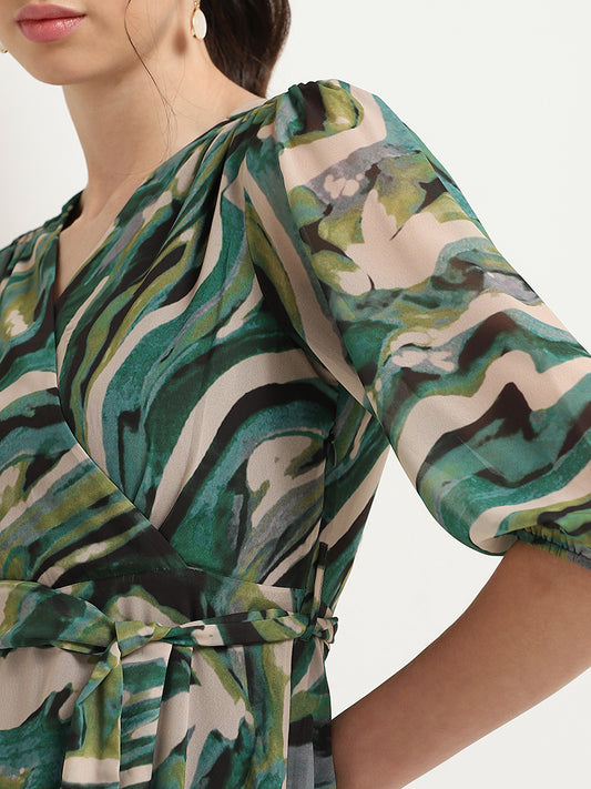 Wardrobe Green Abstract Print Midi Dress with Belt