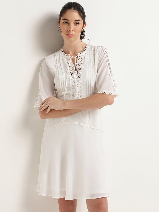 Wardrobe White Schiffli Short Straight Dress