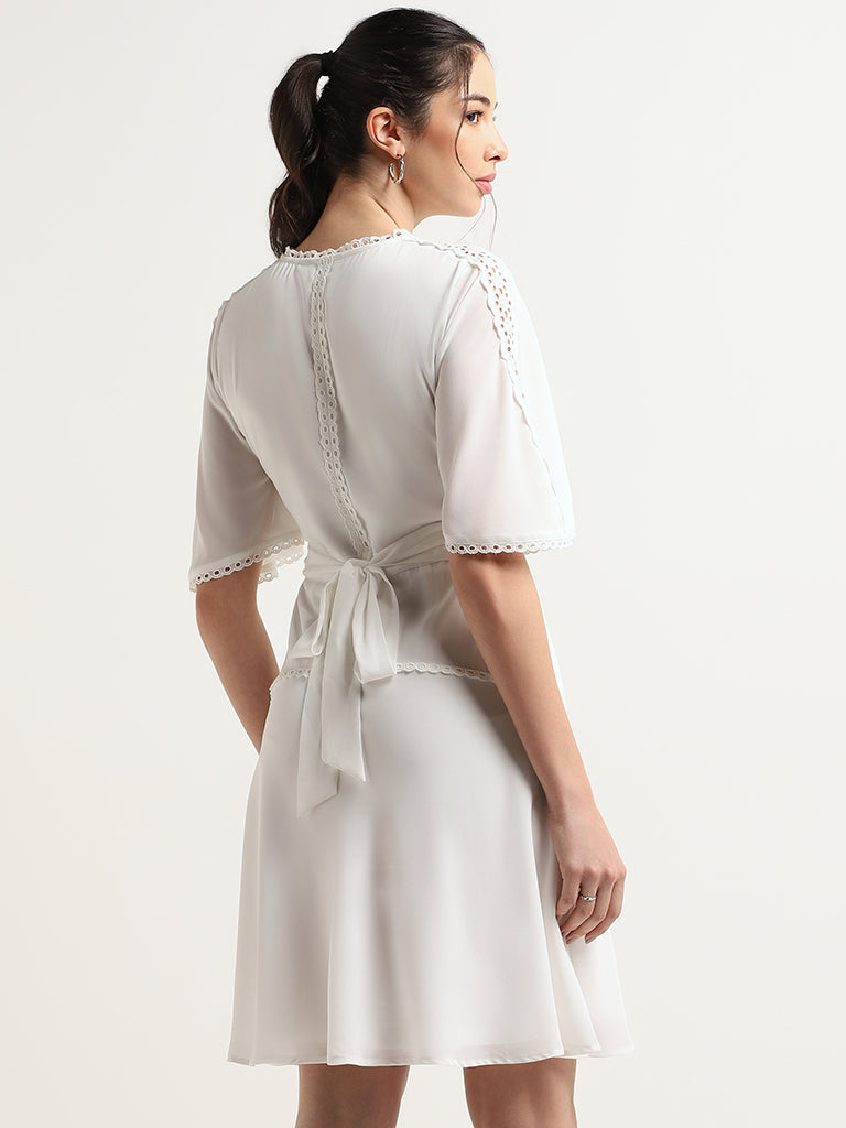 Wardrobe White Schiffli Short Straight Dress