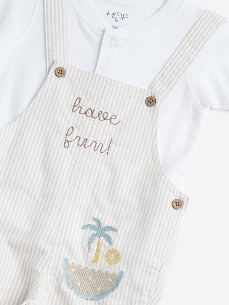 HOP Baby Beige Striped Dungaree with T-Shirt Set