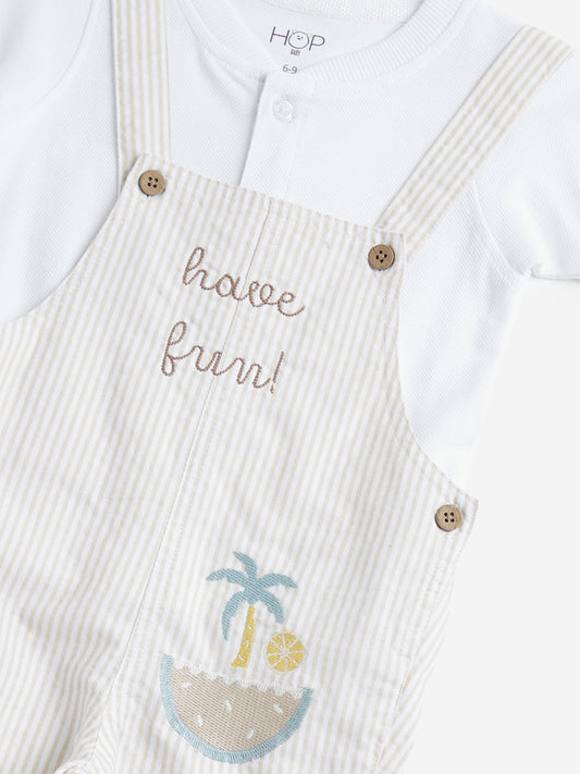 HOP Baby Beige Striped Dungaree with T-Shirt Set