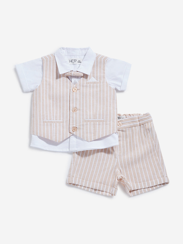 HOP Baby Beige Shirt, Shorts, Waistcoat & Bow Set