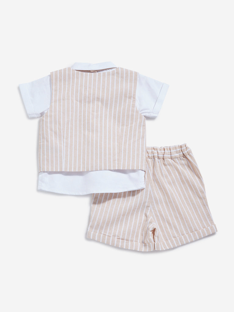 HOP Baby Beige Shirt, Shorts, Waistcoat & Bow Set