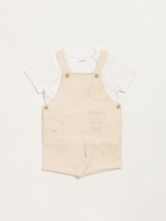 HOP Baby Beige Embroidered Dungaree with T-Shirt Set