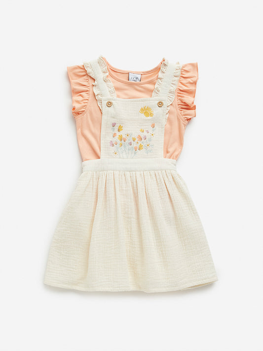 HOP Kids Off-White Embroidered Pinafore and T-Shirt Set