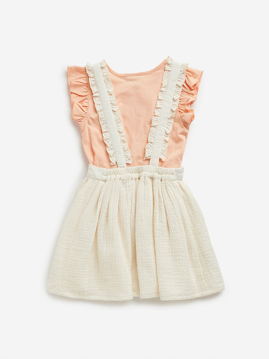 HOP Kids Off-White Embroidered Pinafore and T-Shirt Set