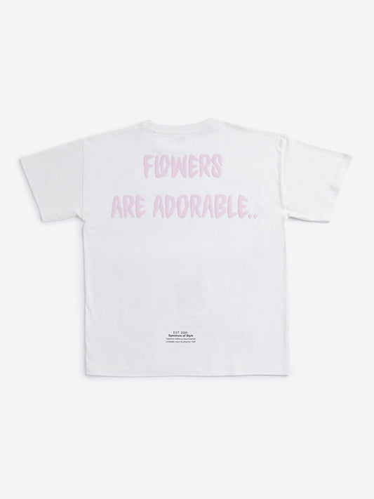 Y&F Kids Off White Embossed Slogan Print Regular-Fit T-Shirt