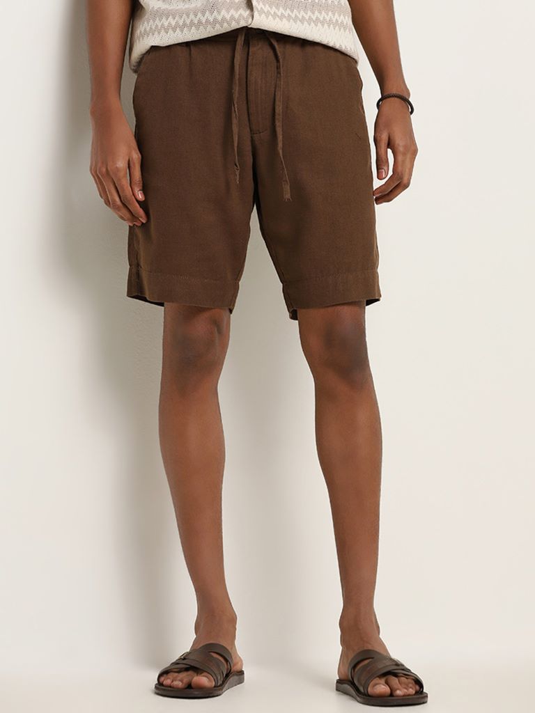 ETA Brown Cotton Blend Relaxed Fit Mid-Rise Shorts
