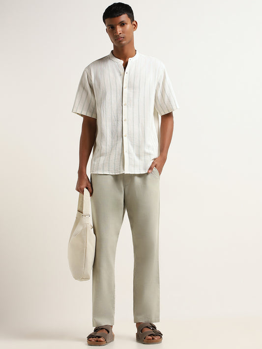 ETA Off-White Striped Cotton Resort Fit Grandad Shirt