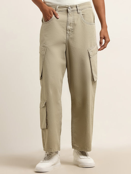 Nuon Beige Cargo Style Mid Rise Relaxed Fit Jeans