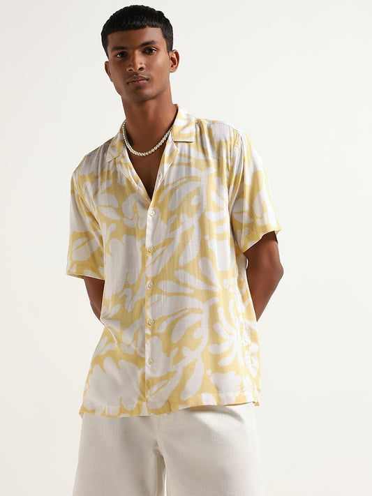 Nuon Yellow Relaxed Fit Printed Blended Linen Shirt