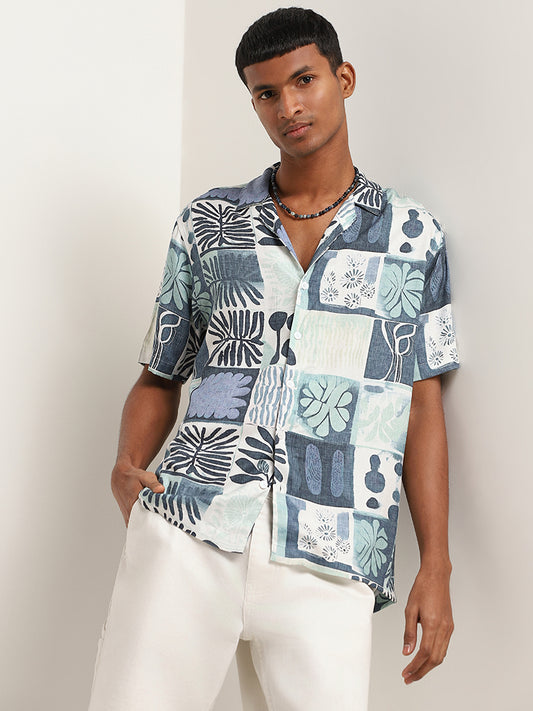 Nuon Blue Relaxed Fit Patch Print Shirt