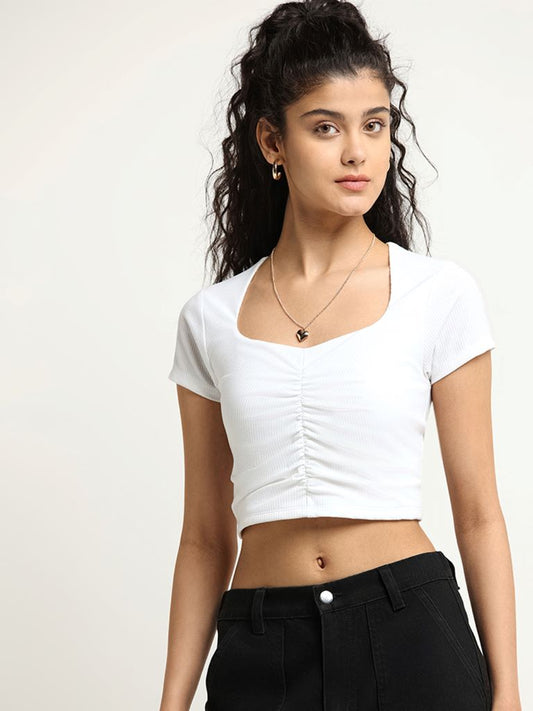 Nuon Ruched Crop White Cotton Top