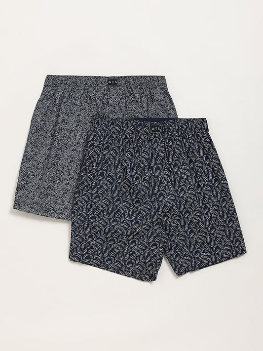 WES Lounge Navy Printed Relaxed-Fit Cotton Boxers - Pack of 2
