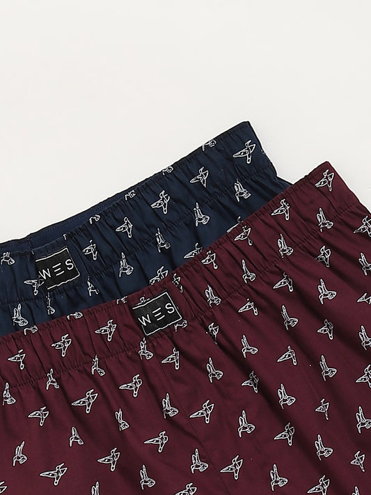 WES Lounge Wine and Navy Printed Relaxed-Fit Cotton Boxers - Pack of 2