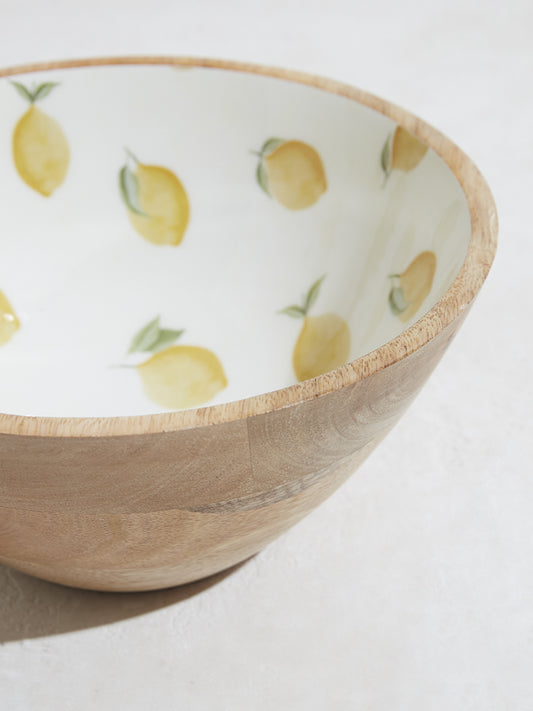 Westside Home Yellow Lemon Printed Wooden Bowl