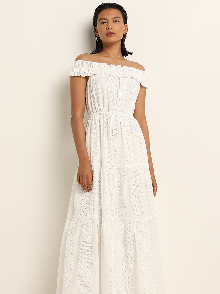 LOV White Schiffli Design Cotton Off-Shoulder Dress
