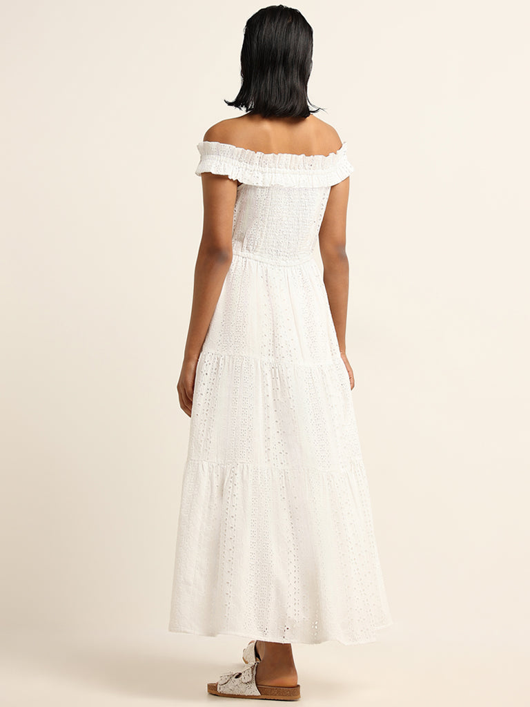 LOV White Schiffli Design Off-Shoulder Dress