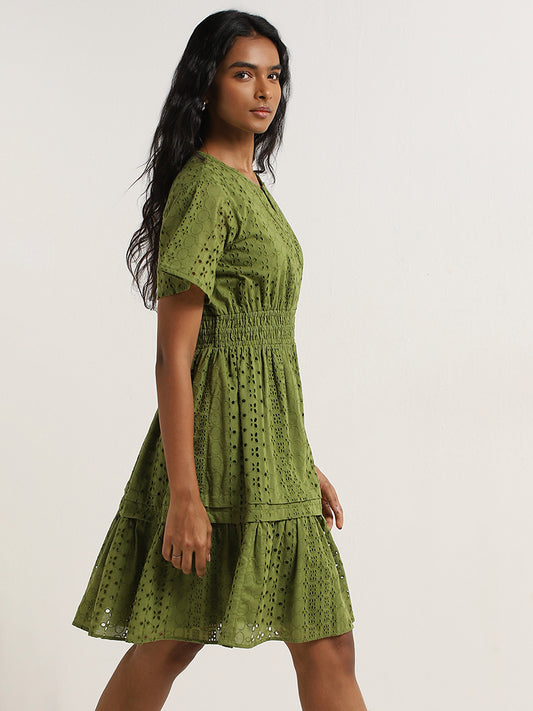 LOV Green Schiffli Cotton Tiered Dress