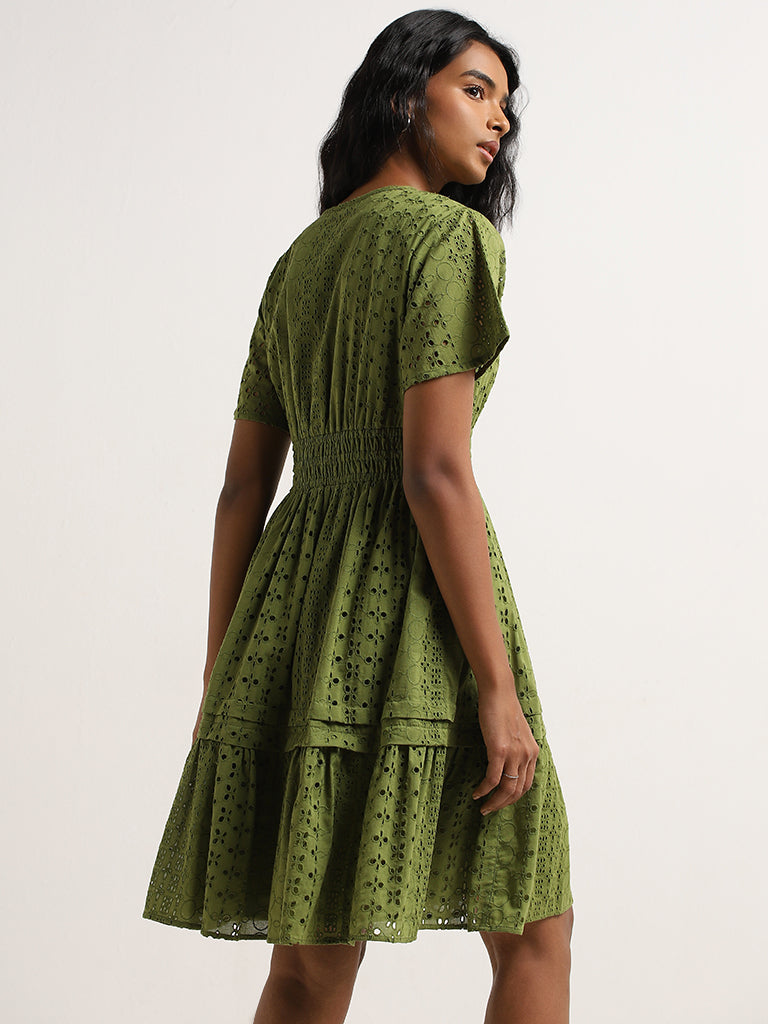 LOV Green Schiffli Cotton Tiered Dress