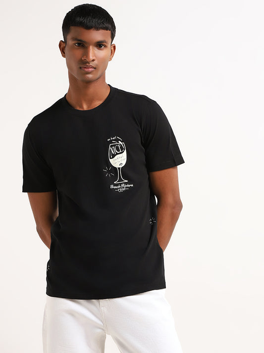 Nuon Black Printed Cotton Relaxed Fit T-Shirt
