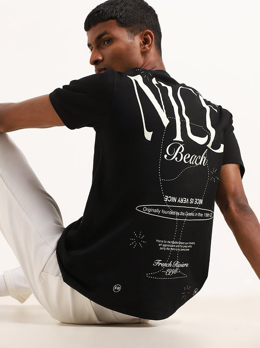 Nuon Black Printed Relaxed Fit T-Shirt