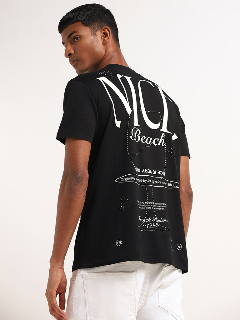 Nuon Black Printed Cotton Relaxed Fit T-Shirt