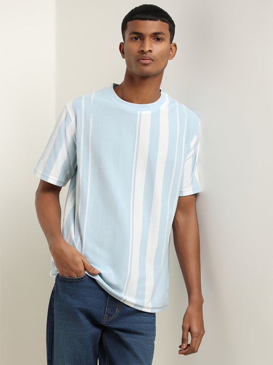 Nuon Light Blue Striped Cotton Blend Slim Fit T-Shirt