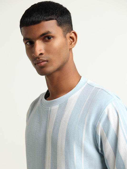 Nuon Light Blue Striped Slim Fit T-Shirt