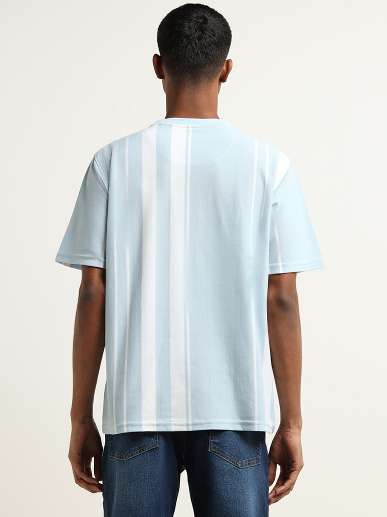 Nuon Light Blue Striped Slim Fit T-Shirt