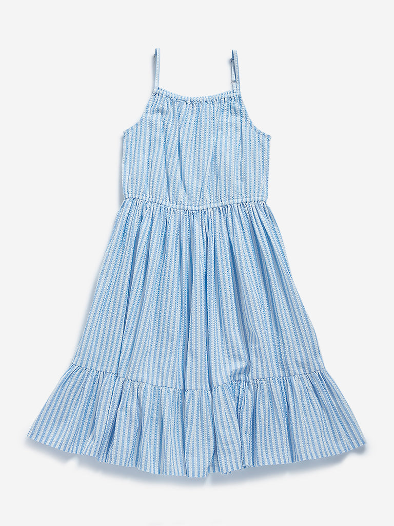 Y&F Kids Blue Stripe Printed Tiered Dress