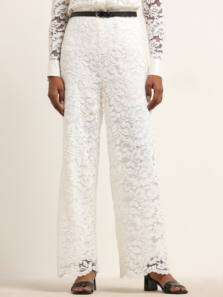 Buy Wardrobe White Lace-Detail Pants from Westside 
