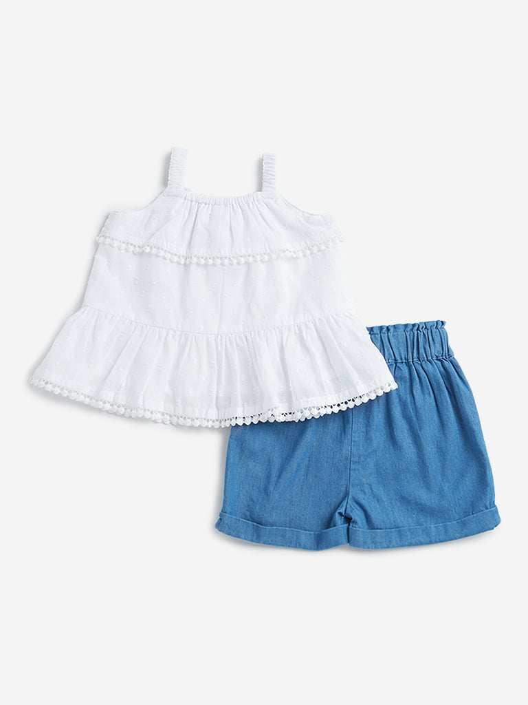HOP Baby White Embroidered Top with Blue High Rise Shorts Set