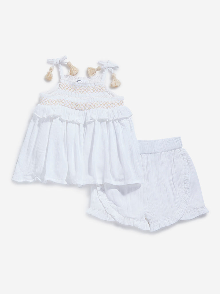 HOP Baby Off-White Embroidered Top & High Rise Shorts Set