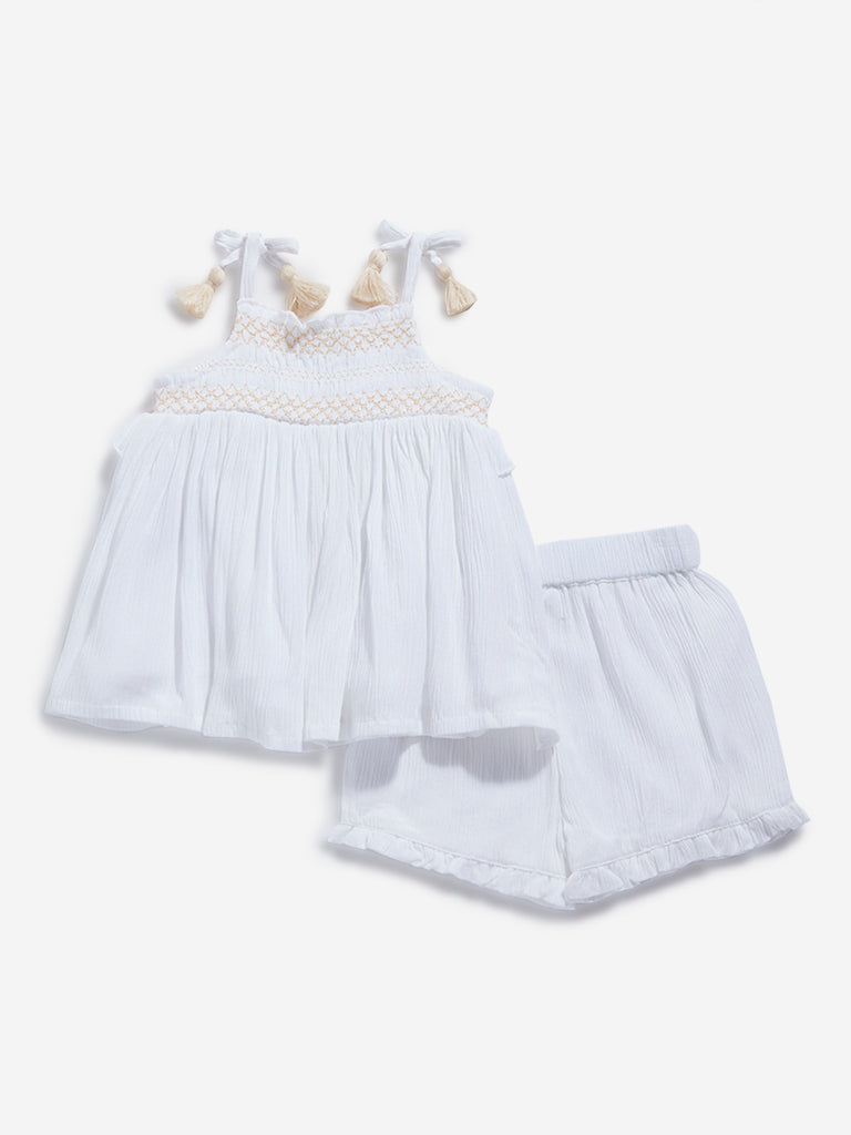 HOP Baby Off-White Embroidered Top & High Rise Shorts Set