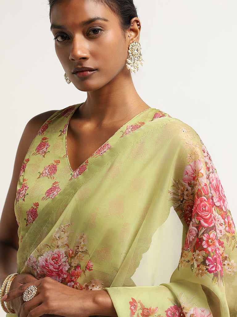 Vark Green Floral Printed Saree with Blouse