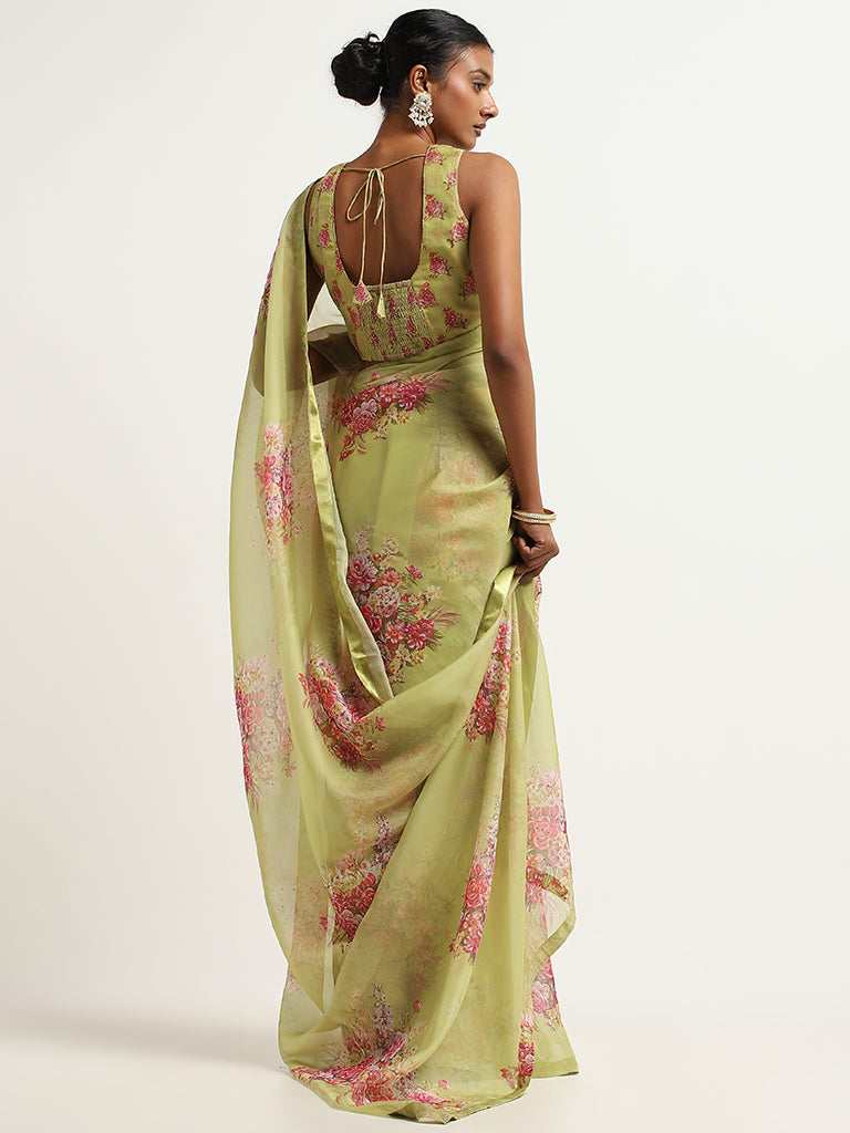 Vark Green Floral Printed Saree with Blouse