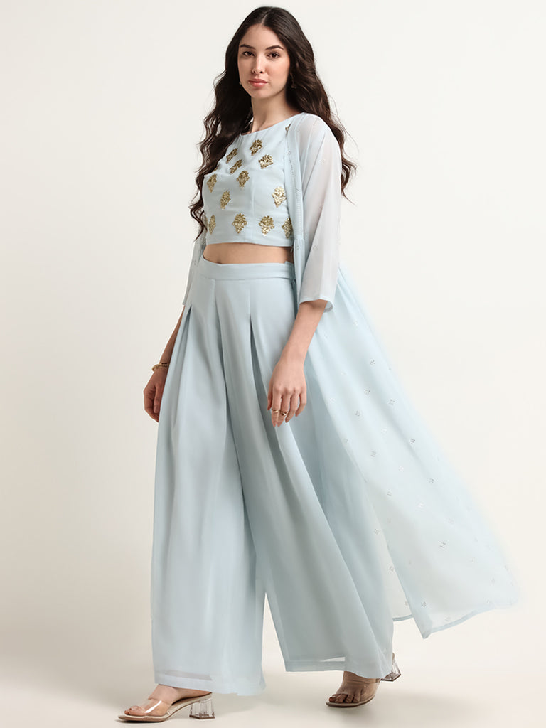 Vark Blue Embroidered Crop Top, Overlay and Palazzos Set
