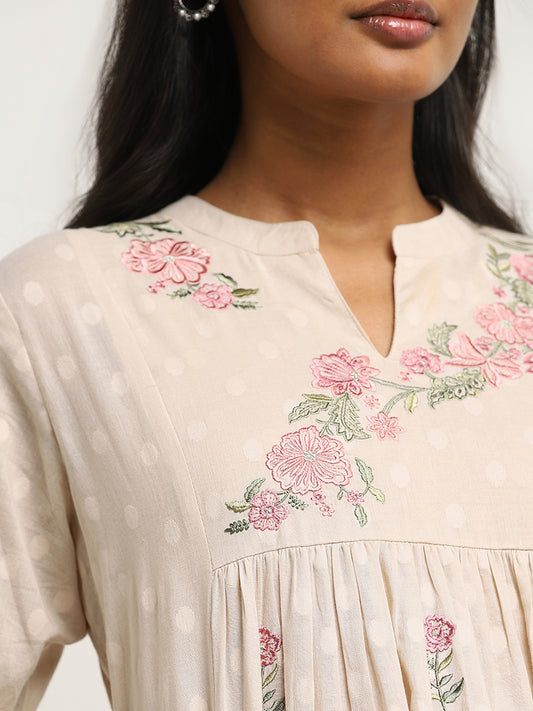 Utsa Beige Floral Embroidered A-Line Cotton Kurta
