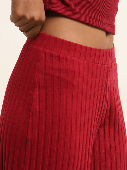 Superstar Maroon Ribbed High-Rise Pants