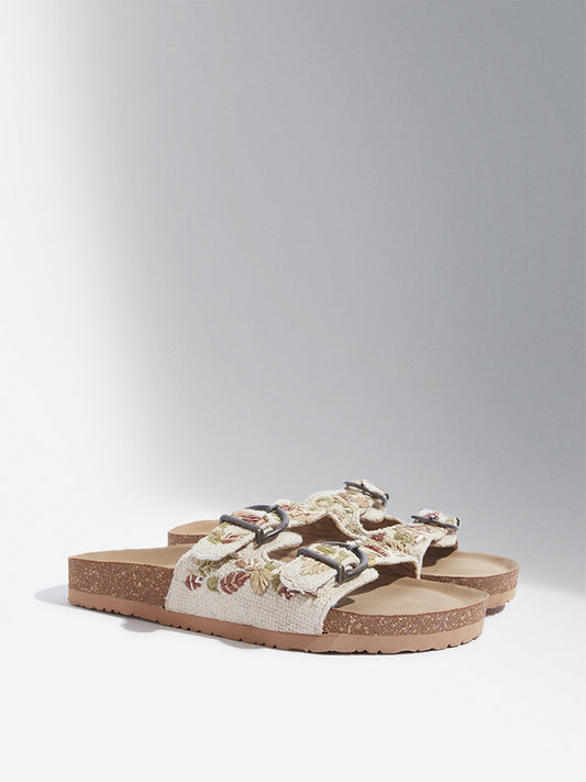 LUNA BLU Tan Floral Embroidered Dual Band Sandals